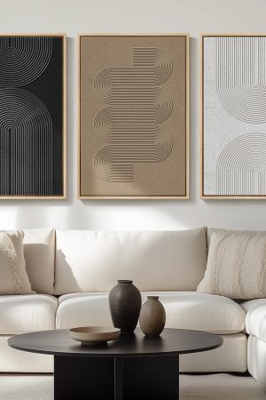 Bohemian Black and White Geometric Abstract Tri-Panel Decorative Wall Painting