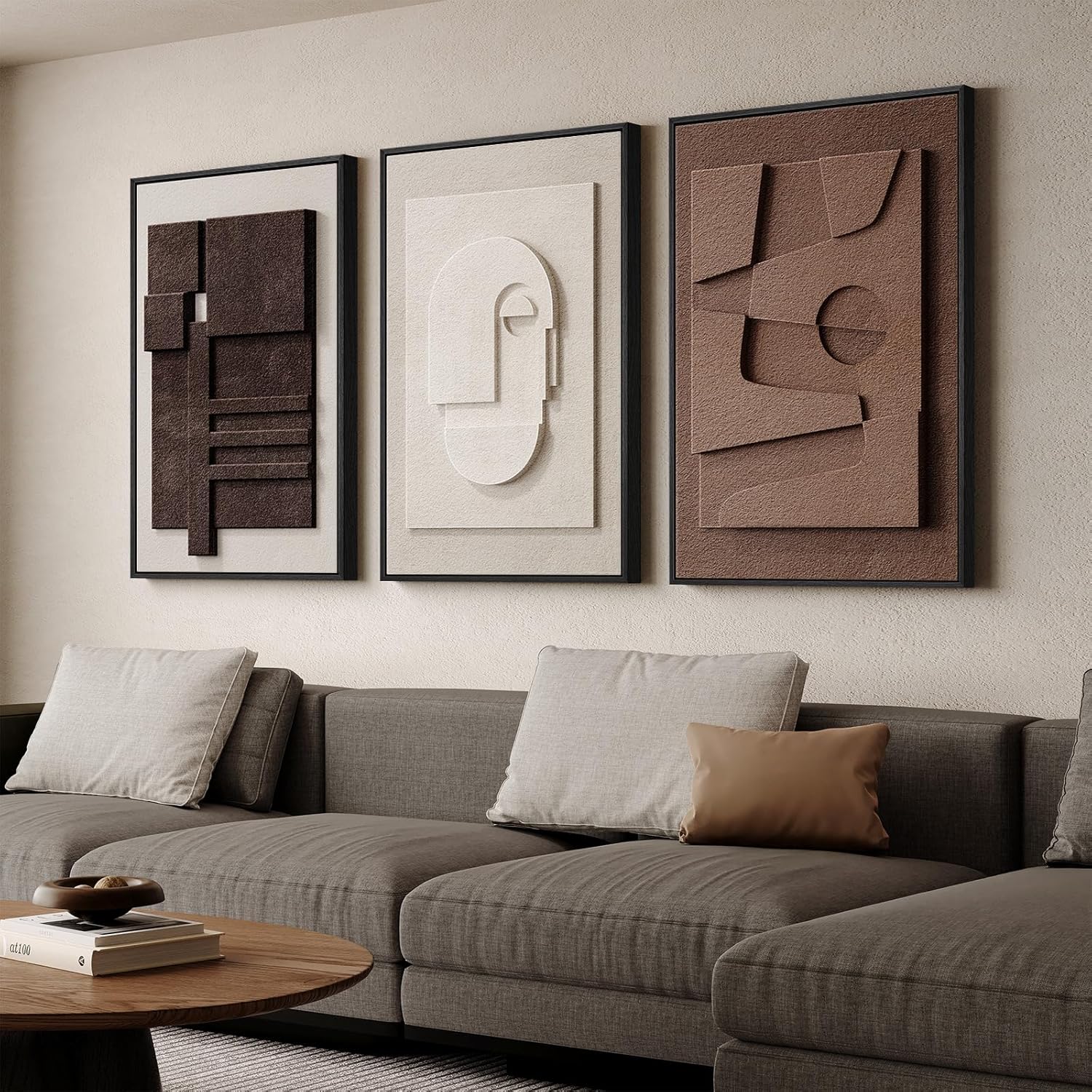 3D Textured White and Brown Minimalist Geometric Tri-Panel Wall Painting